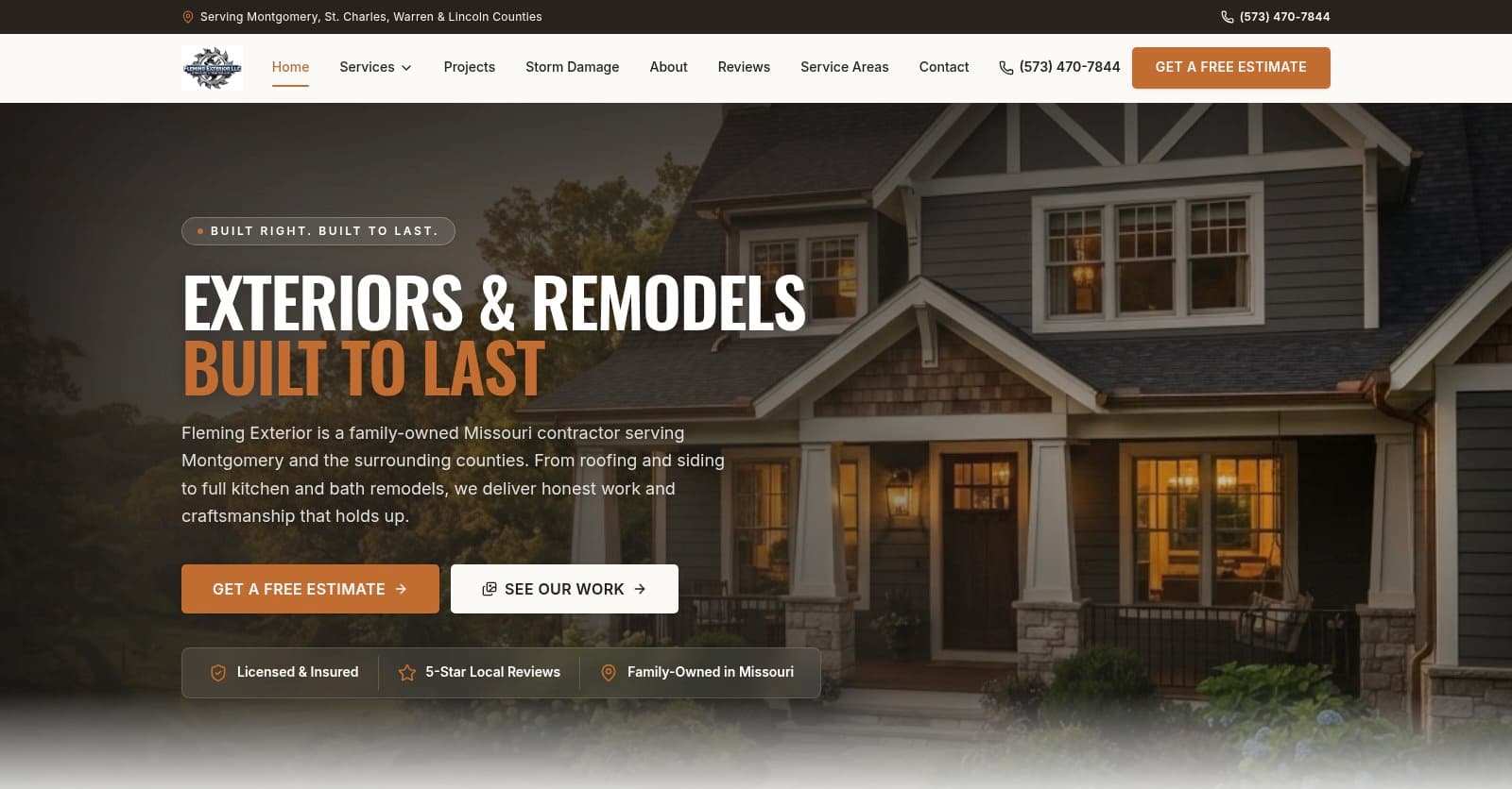 Fleming Exterior contractor website homepage built by Tech Turtle